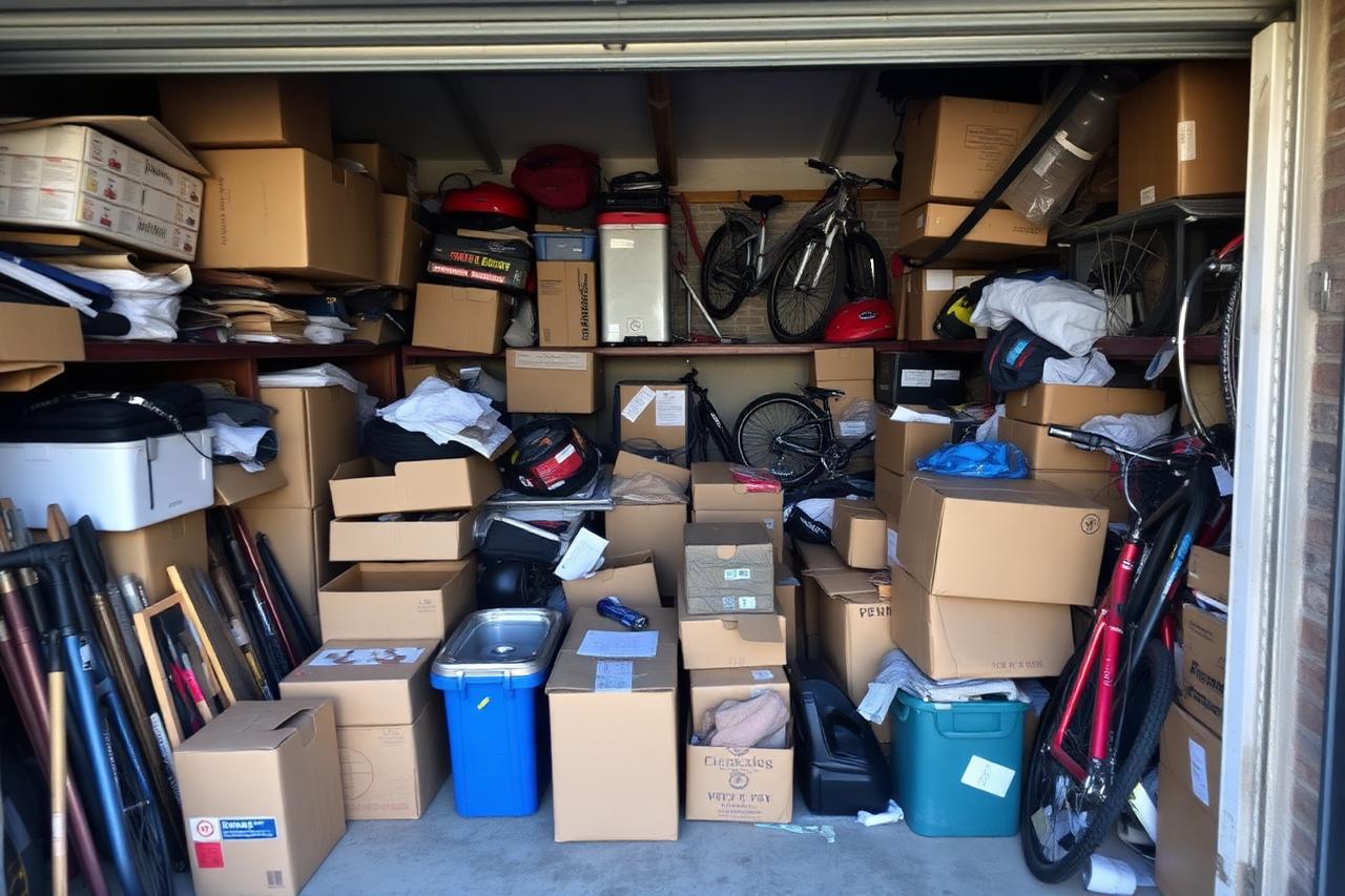 Volle garage met dozen en opgeslagen goederen