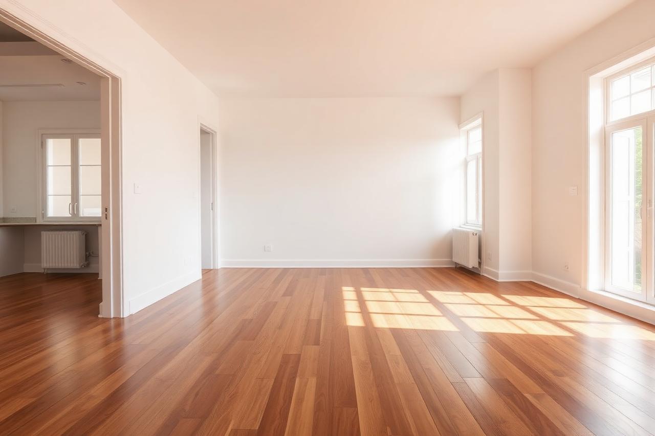 Lege, professioneel schoongemaakte woonkamer met houten vloer